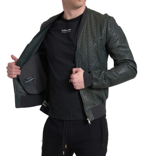 Dolce & Gabbana Green Perforated Leather Bomber Jacket - ClickThatClicks 