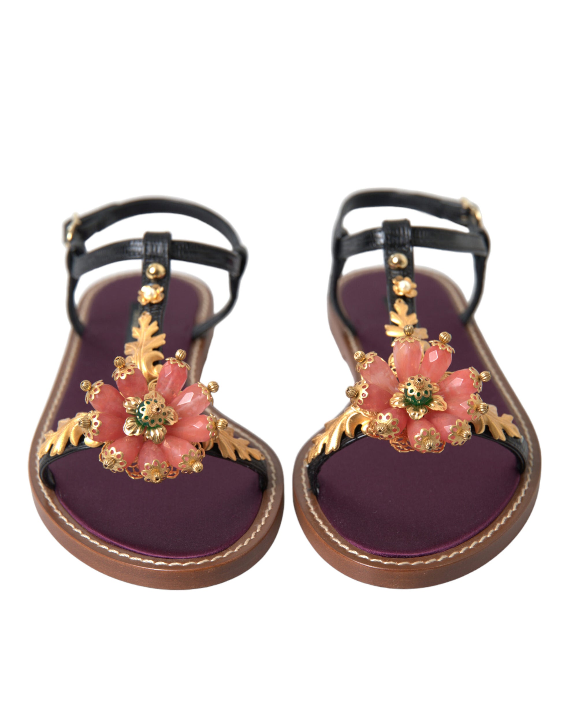 Dolce & Gabbana Black Crystal Gold Sandals Leather Shoes - ClickThatClicks 