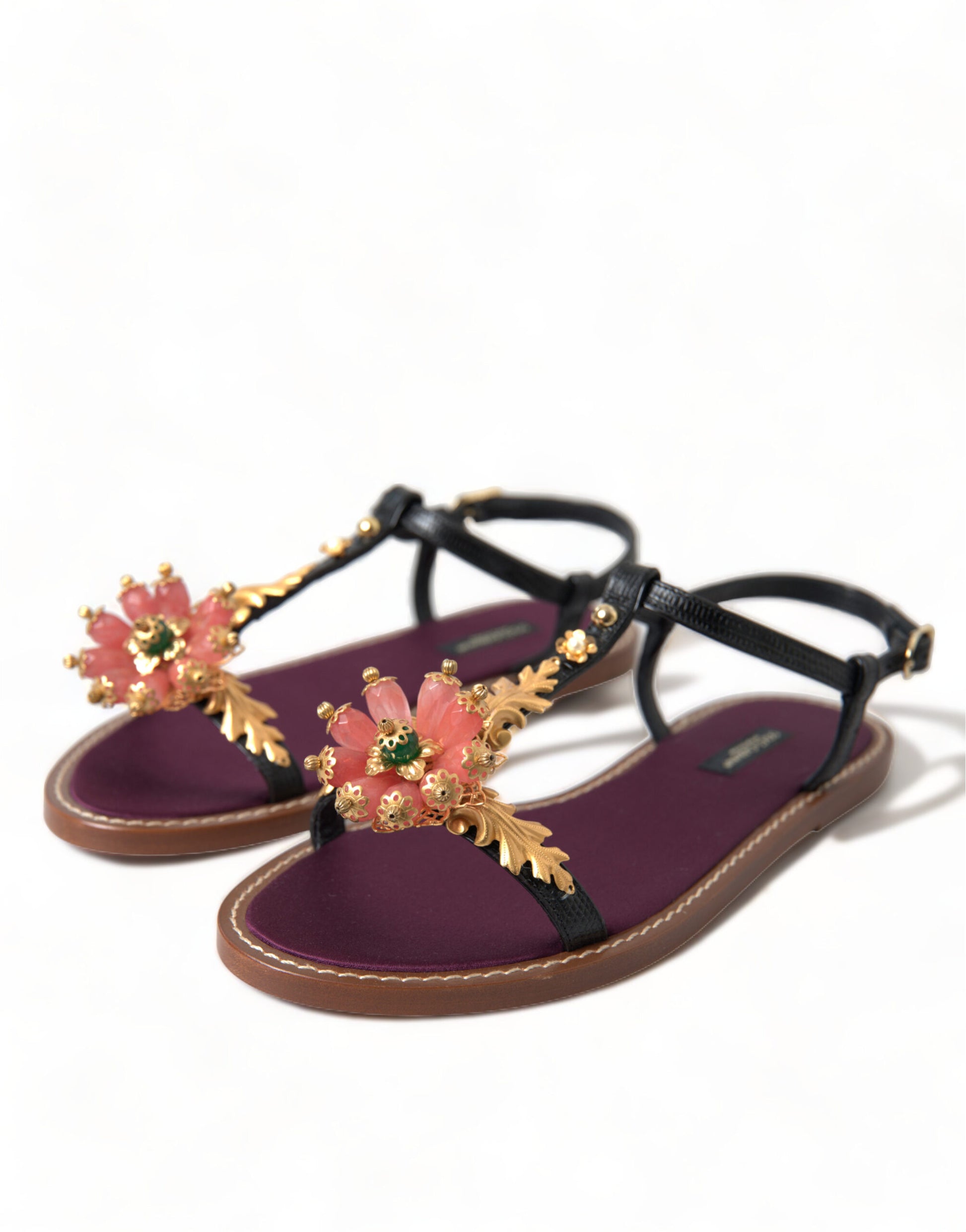 Dolce & Gabbana Black Crystal Gold Sandals Leather Shoes - ClickThatClicks 