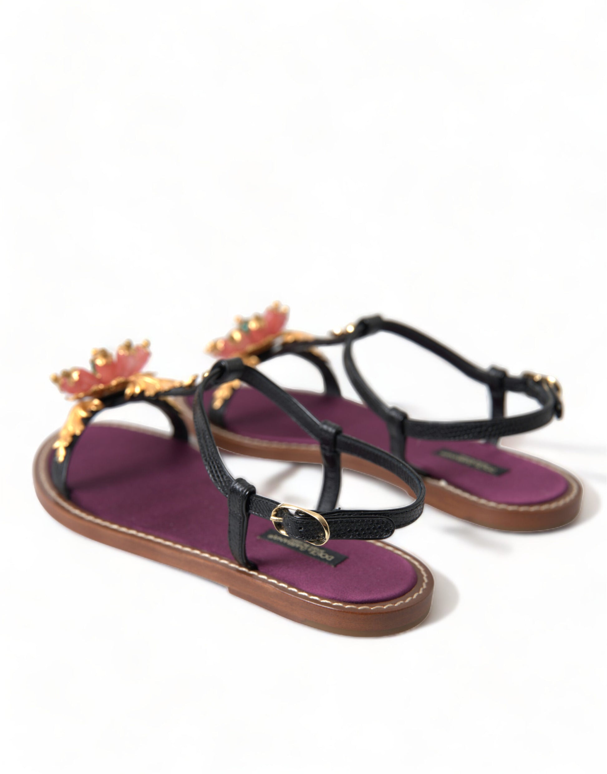 Dolce & Gabbana Black Crystal Gold Sandals Leather Shoes - ClickThatClicks 