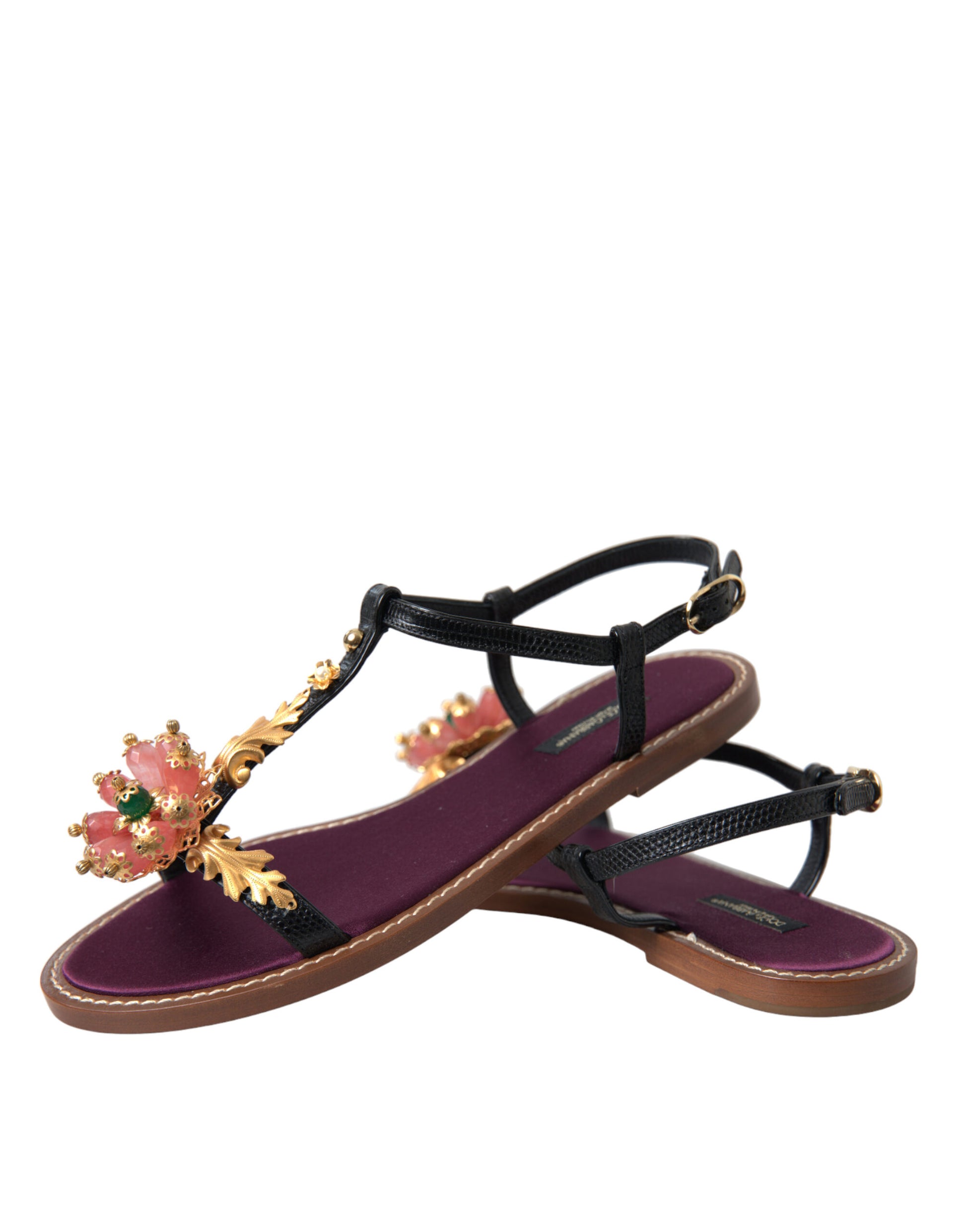 Dolce & Gabbana Black Crystal Gold Sandals Leather Shoes - ClickThatClicks 
