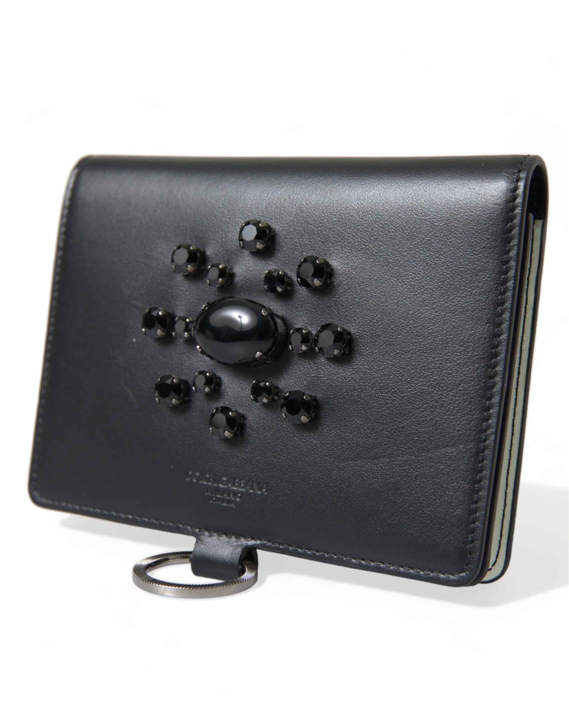 Dolce & Gabbana Black Leather Crystal Embellished Card Holder Wallet - ClickThatClicks 