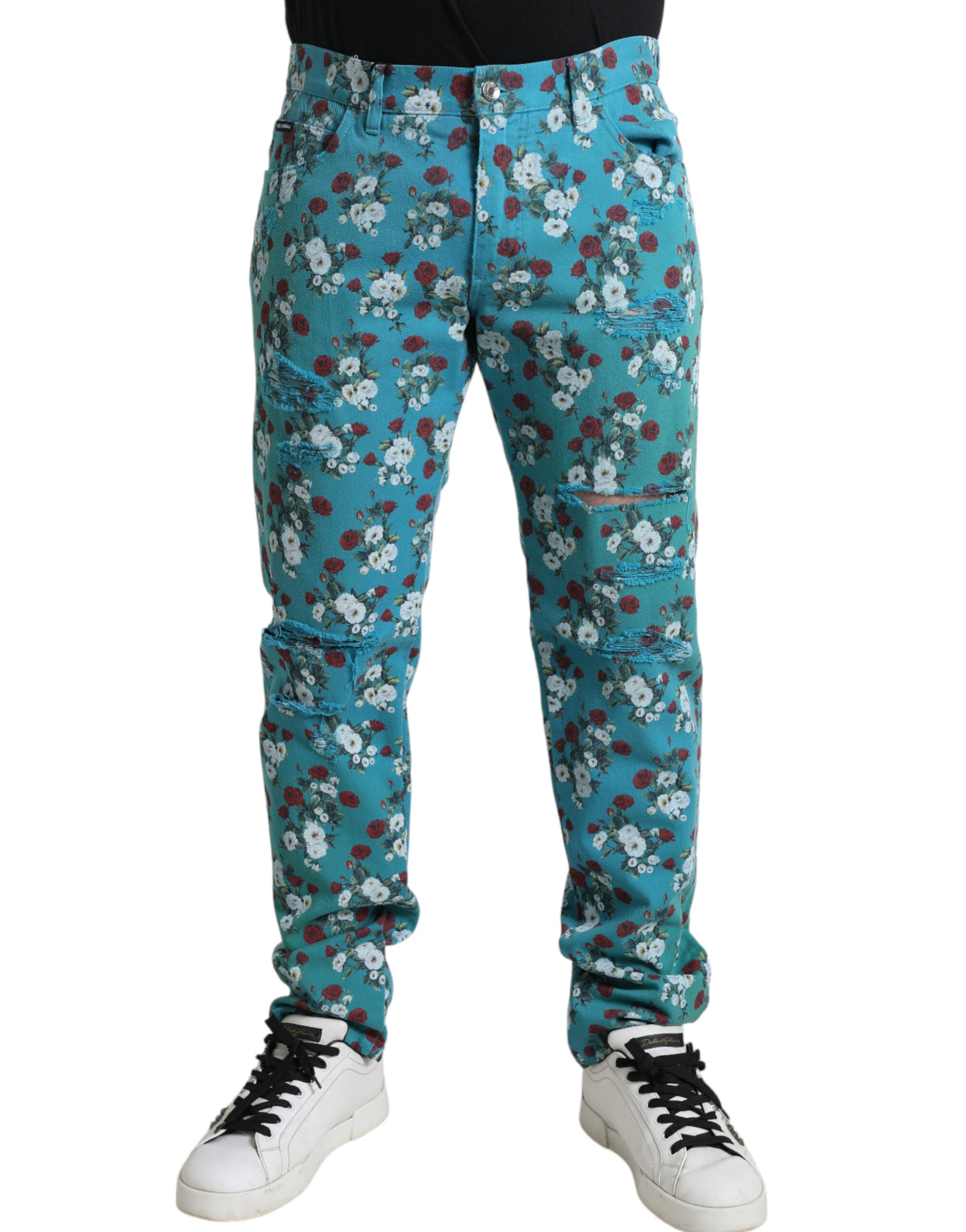 Dolce & Gabbana Blue Floral Print Skinny Cotton Denim Pants - ClickThatClicks 