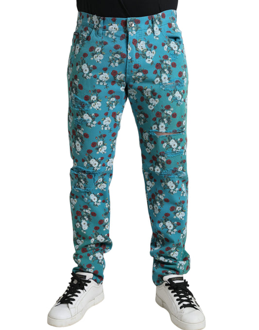 Dolce & Gabbana Blue Floral Print Skinny Cotton Denim Pants - ClickThatClicks 