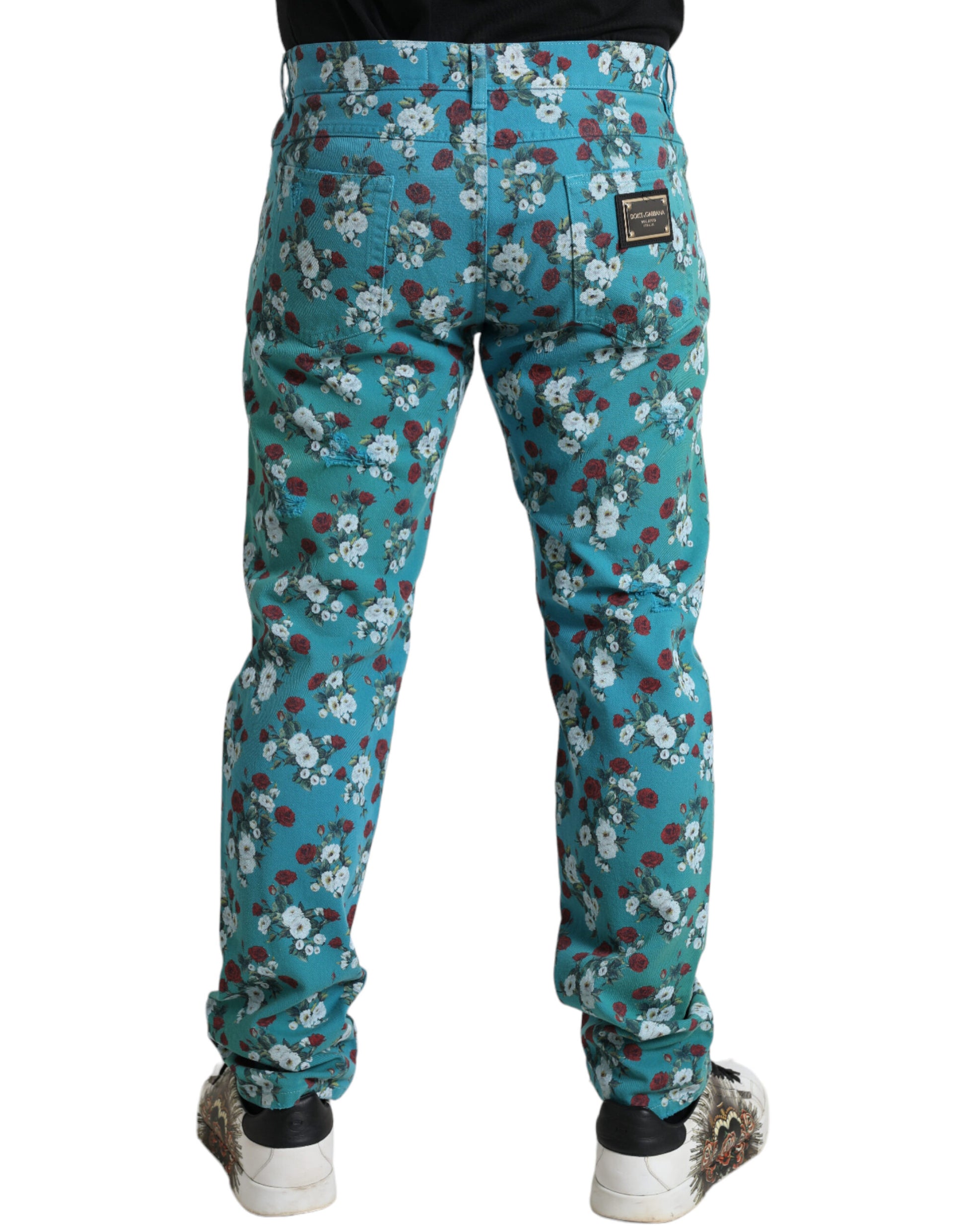 Dolce & Gabbana Blue Floral Print Skinny Cotton Denim Pants - ClickThatClicks 