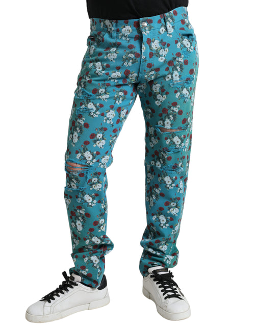 Dolce & Gabbana Blue Floral Print Skinny Cotton Denim Pants - ClickThatClicks 