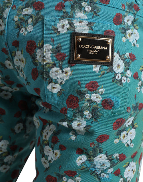 Dolce & Gabbana Blue Floral Print Skinny Cotton Denim Pants - ClickThatClicks 