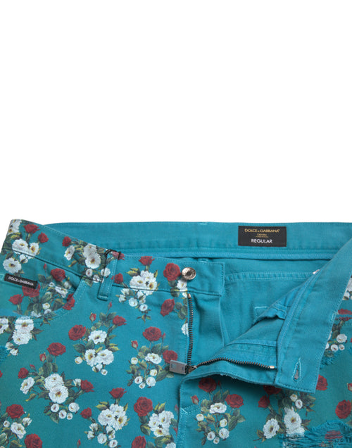 Dolce & Gabbana Blue Floral Print Skinny Cotton Denim Pants - ClickThatClicks 