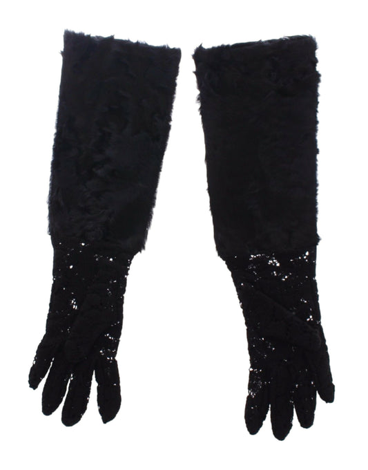 Dolce & Gabbana Black Lace Wool Lambskin Fur Elbow Gloves - ClickThatClicks 