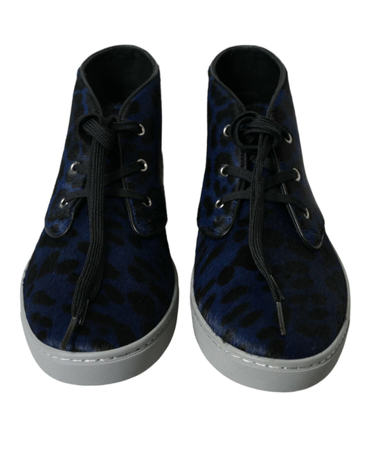 Dolce & Gabbana Blue Calfskin Leopard Mid Top Sneakers Shoes - ClickThatClicks 