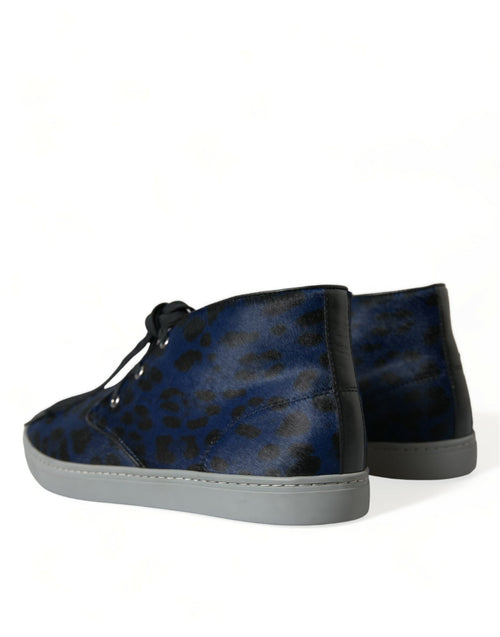 Dolce & Gabbana Blue Calfskin Leopard Mid Top Sneakers Shoes - ClickThatClicks 