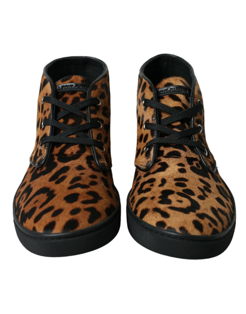Dolce & Gabbana Brown Leopard Pony Hair Leather Sneakers Shoes - ClickThatClicks 