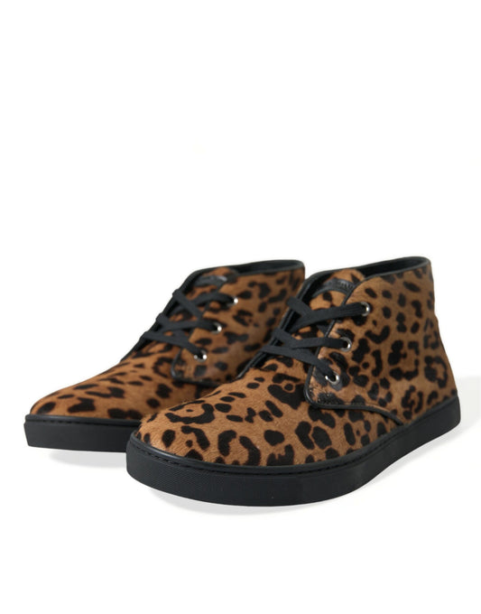 Dolce & Gabbana Brown Leopard Pony Hair Leather Sneakers Shoes - ClickThatClicks 