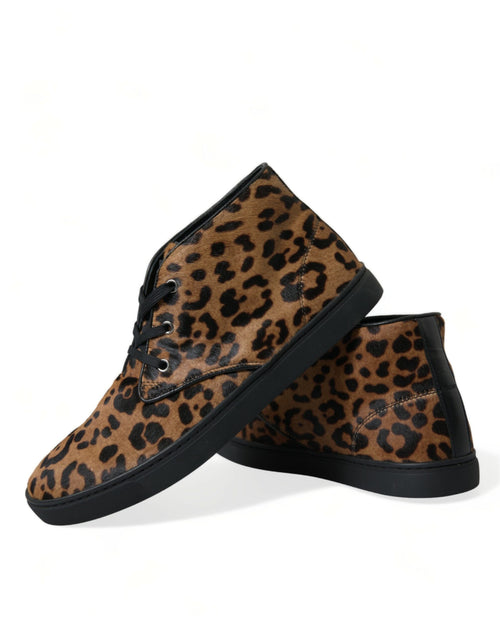 Dolce & Gabbana Brown Leopard Pony Hair Leather Sneakers Shoes - ClickThatClicks 