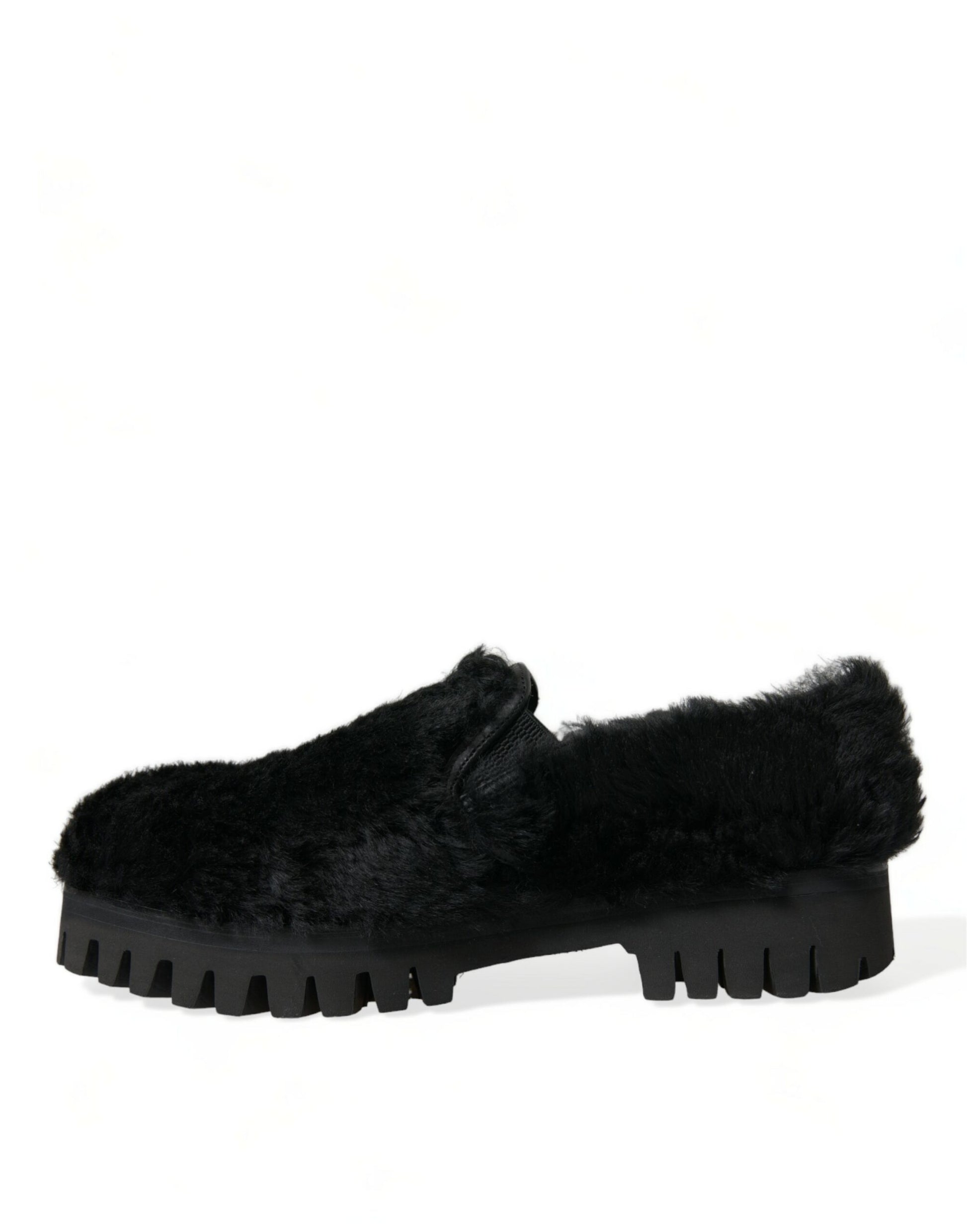 Dolce & Gabbana Black Fur Leather Slippers Dress Shoes - ClickThatClicks 