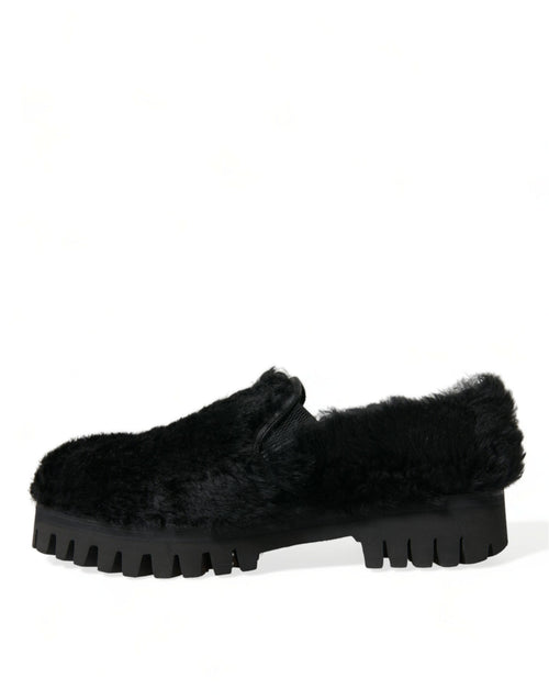 Dolce & Gabbana Black Fur Leather Slippers Dress Shoes - ClickThatClicks 