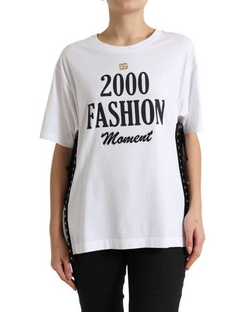 Dolce & Gabbana White Slogan Print Lacing Detailed T-shirt - ClickThatClicks 