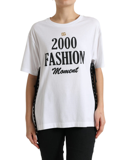 Dolce & Gabbana White Slogan Print Lacing Detailed T-shirt - ClickThatClicks 