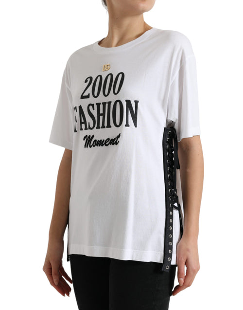 Dolce & Gabbana White Slogan Print Lacing Detailed T-shirt - ClickThatClicks 