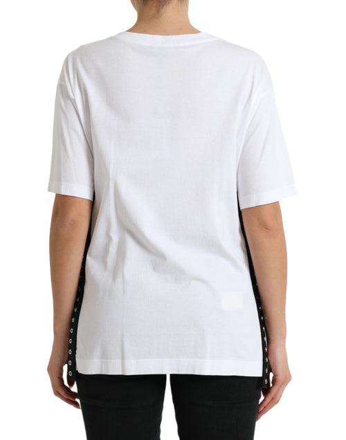 Dolce & Gabbana White Slogan Print Lacing Detailed T-shirt - ClickThatClicks 