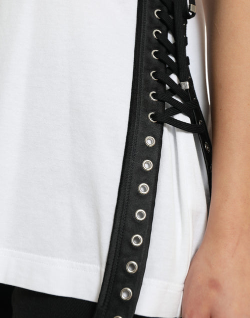 Dolce & Gabbana White Slogan Print Lacing Detailed T-shirt - ClickThatClicks 