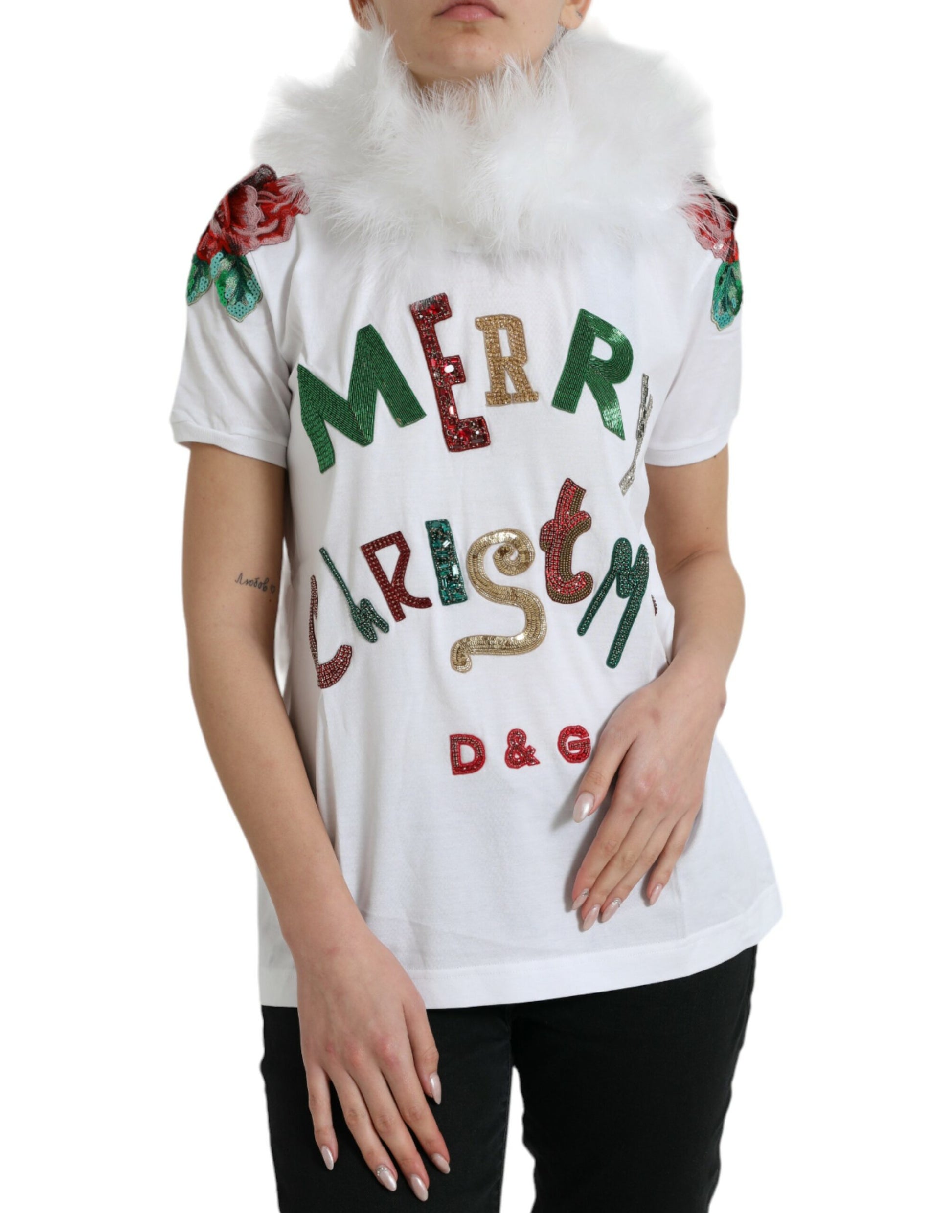 Dolce & Gabbana White Cotton Christmas Sequin Fur T-shirt - ClickThatClicks 