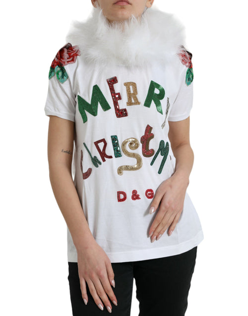 Dolce & Gabbana White Cotton Christmas Sequin Fur T-shirt - ClickThatClicks 