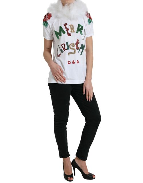 Dolce & Gabbana White Cotton Christmas Sequin Fur T-shirt - ClickThatClicks 