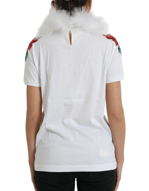 Dolce & Gabbana White Cotton Christmas Sequin Fur T-shirt - ClickThatClicks 