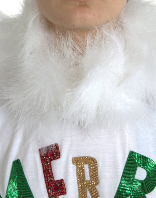 Dolce & Gabbana White Cotton Christmas Sequin Fur T-shirt - ClickThatClicks 