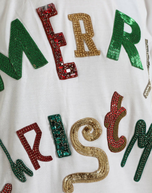 Dolce & Gabbana White Cotton Christmas Sequin Fur T-shirt - ClickThatClicks 