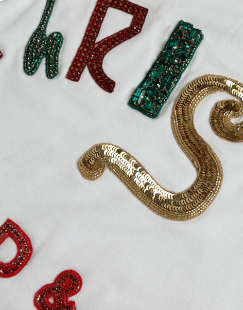 Dolce & Gabbana White Cotton Christmas Sequin Fur T-shirt - ClickThatClicks 
