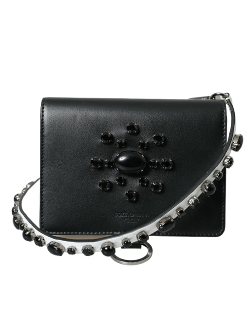 Dolce & Gabbana Black White Leather Crystal Embellished Cardholder Wallet - ClickThatClicks 