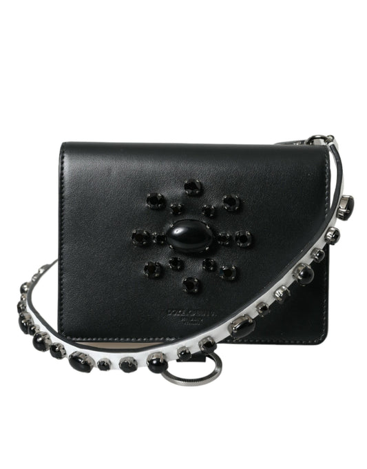 Dolce & Gabbana Black White Leather Crystal Embellished Cardholder Wallet - ClickThatClicks 