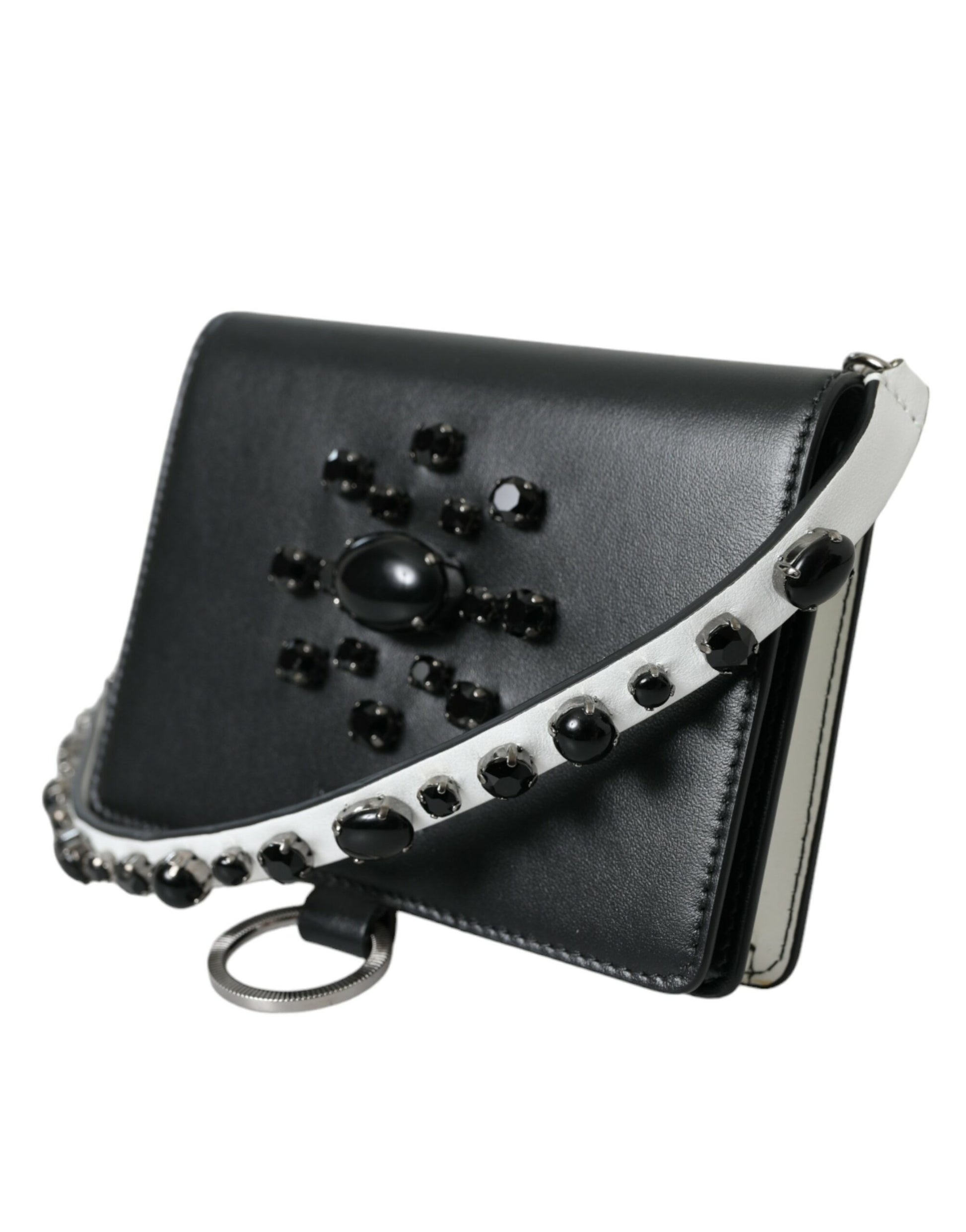 Dolce & Gabbana Black White Leather Crystal Embellished Cardholder Wallet - ClickThatClicks 