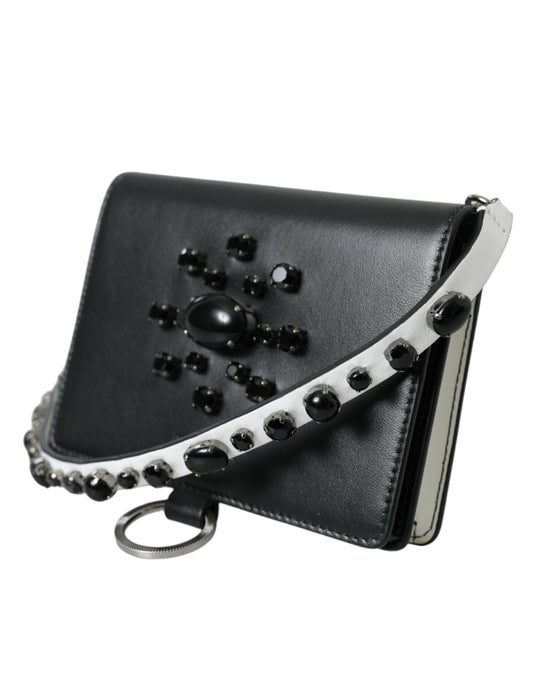 Dolce & Gabbana Black White Leather Crystal Embellished Cardholder Wallet - ClickThatClicks 