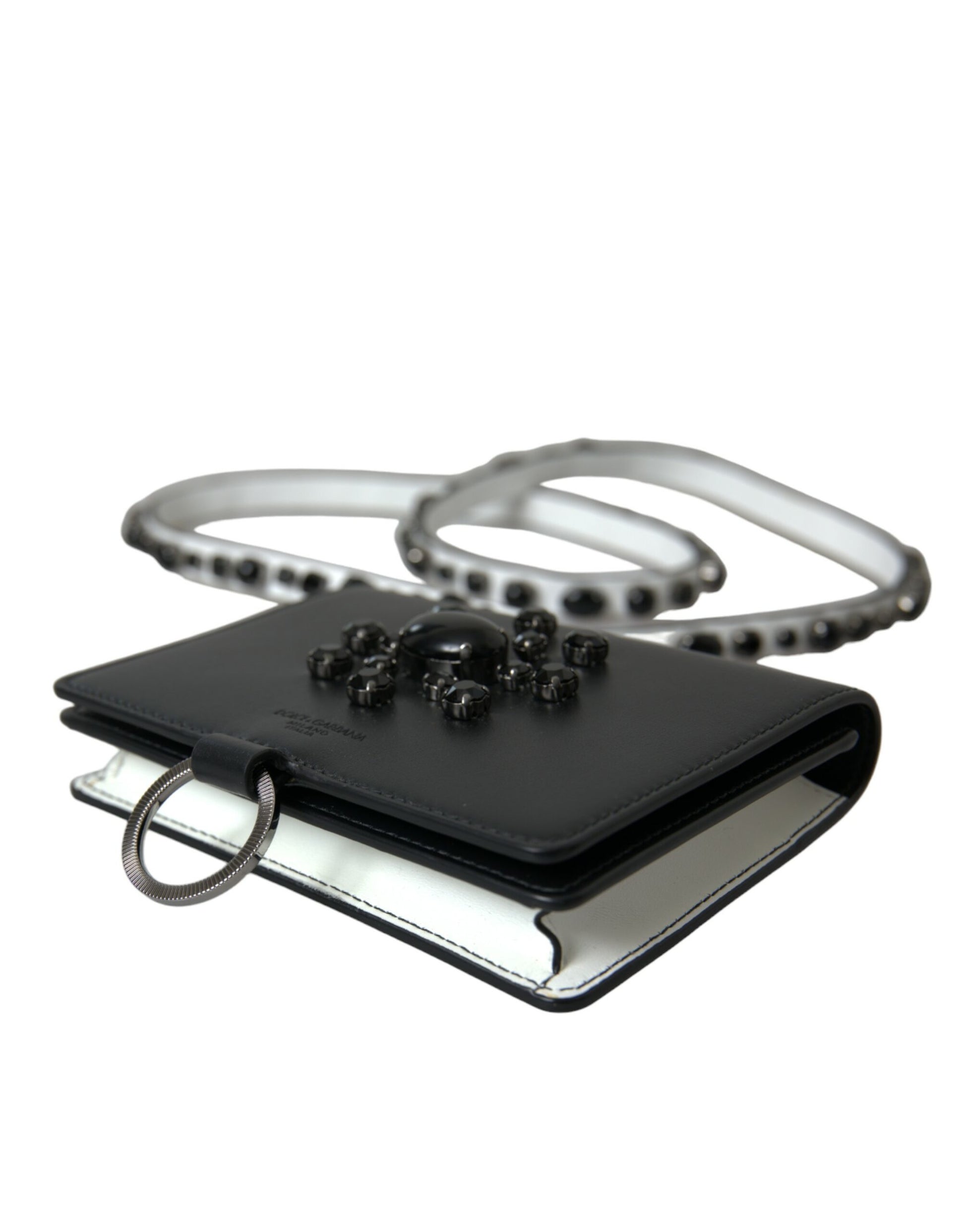 Dolce & Gabbana Black White Leather Crystal Embellished Cardholder Wallet - ClickThatClicks 