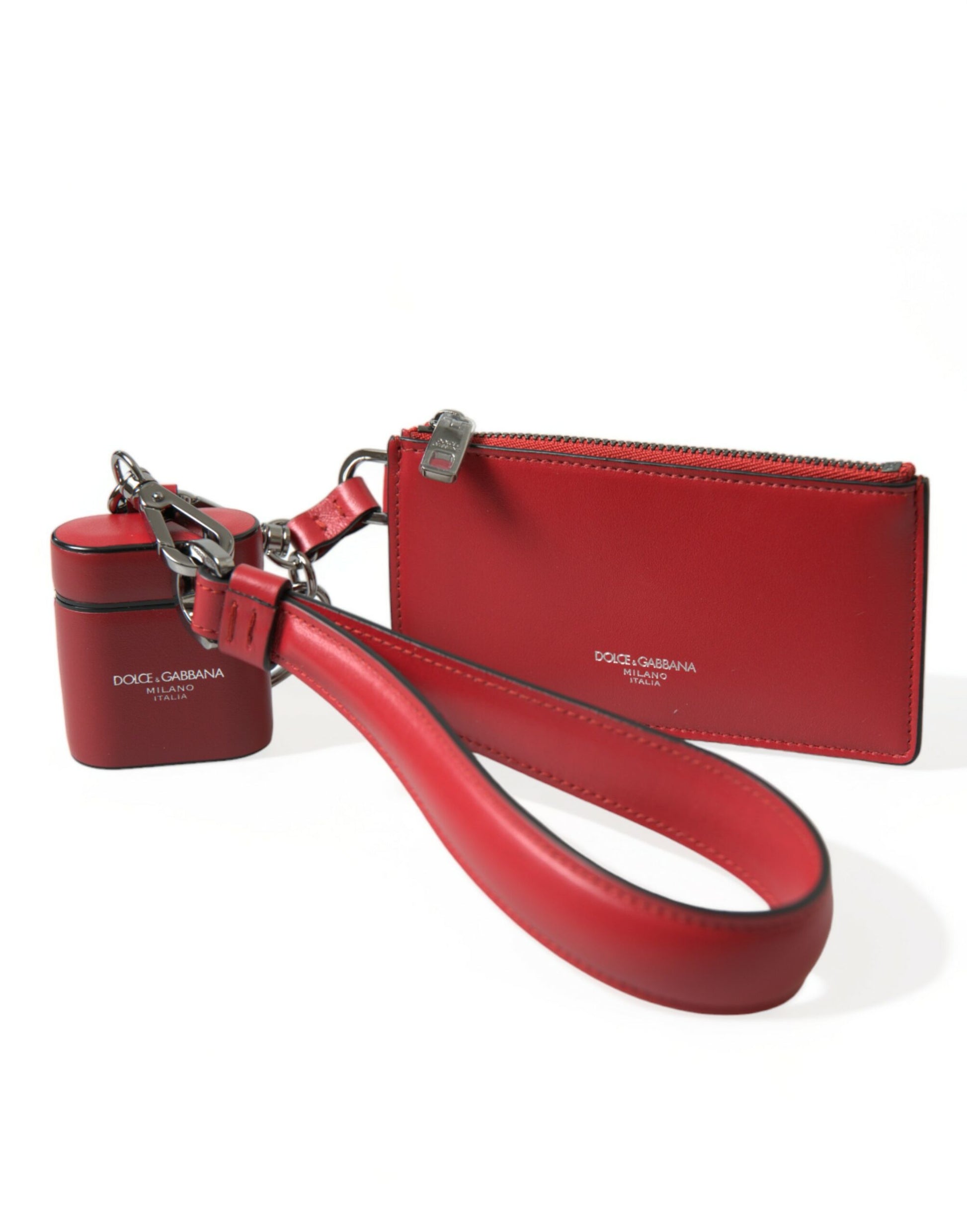Dolce & Gabbana Red Leather Silver Metal Logo Strap Pouch Airpods Case - ClickThatClicks 