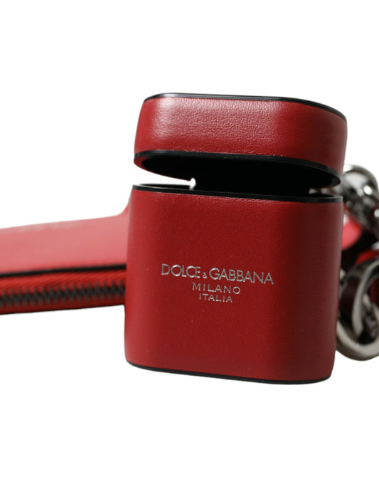 Dolce & Gabbana Red Leather Silver Metal Logo Strap Pouch Airpods Case - ClickThatClicks 