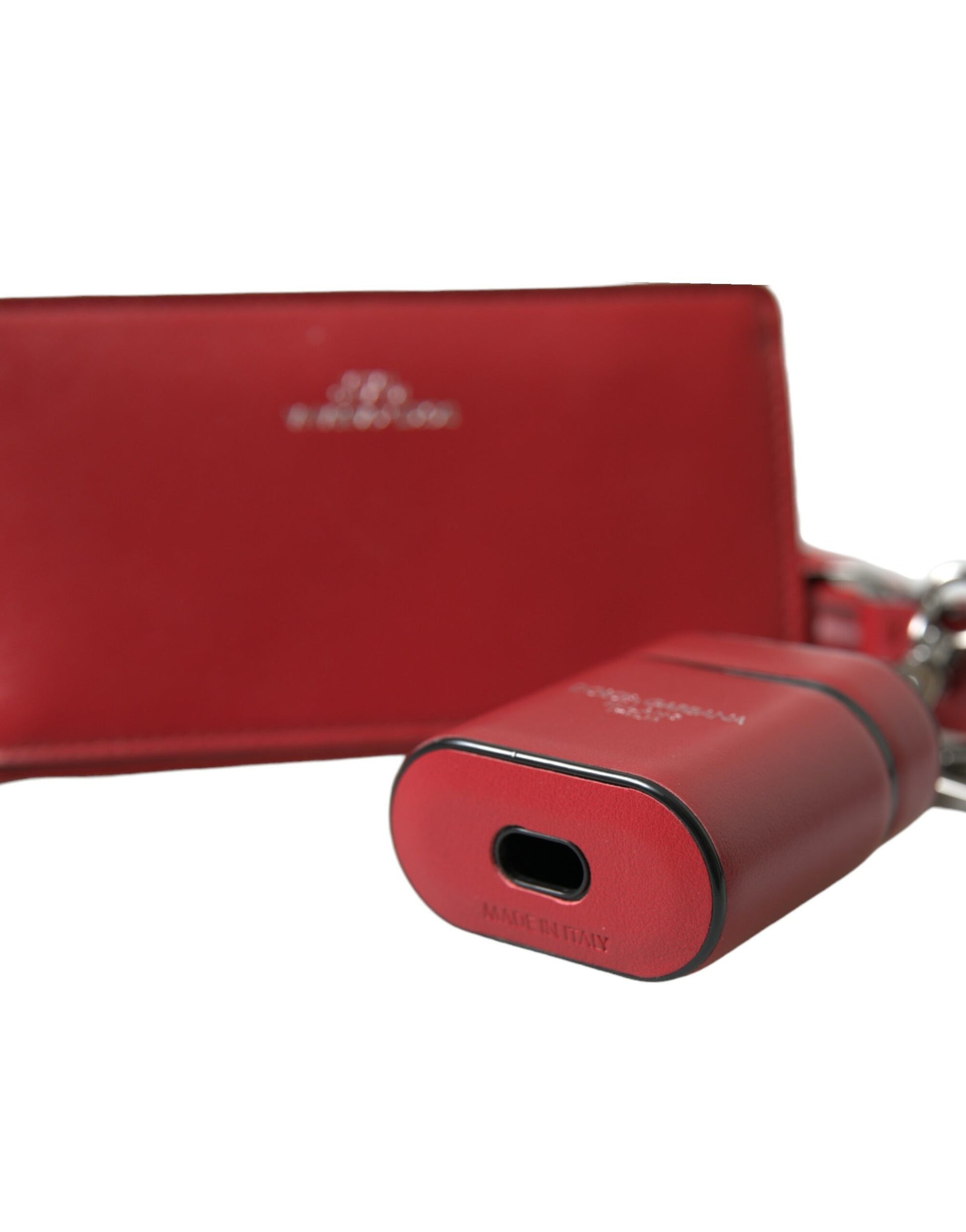 Dolce & Gabbana Red Leather Silver Metal Logo Strap Pouch Airpods Case - ClickThatClicks 