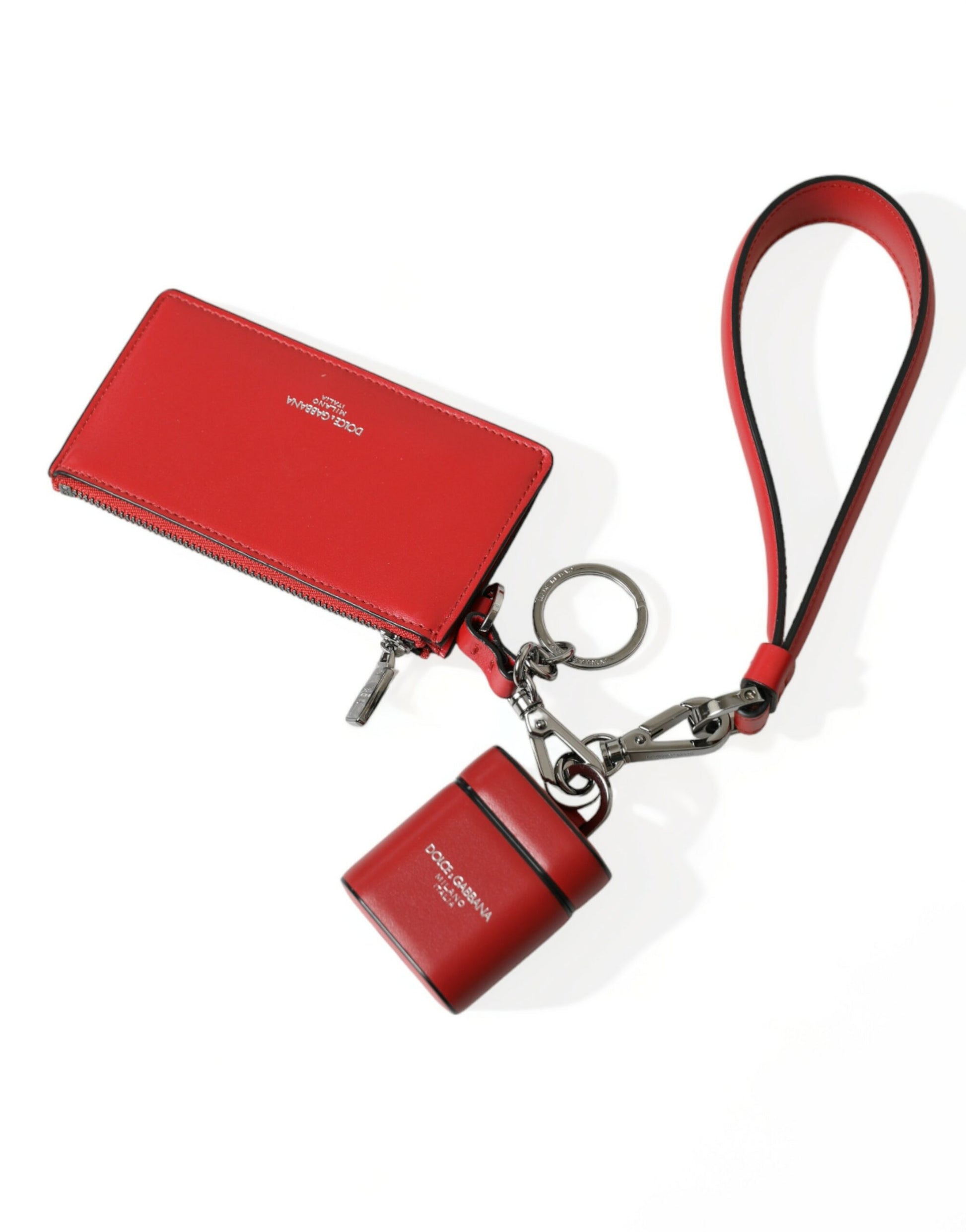 Dolce & Gabbana Red Leather Silver Metal Logo Strap Pouch Airpods Case - ClickThatClicks 