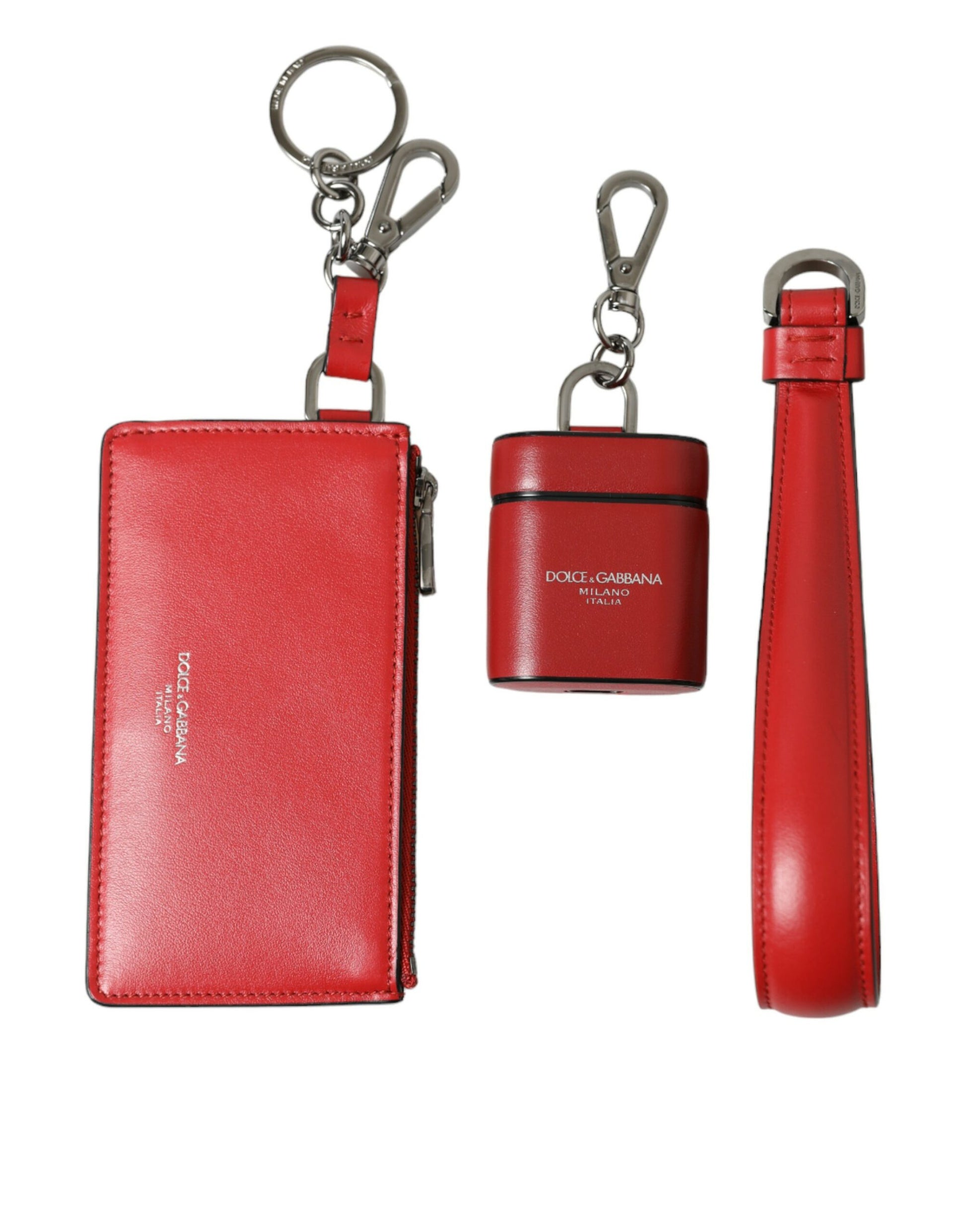 Dolce & Gabbana Red Leather Silver Metal Logo Strap Pouch Airpods Case - ClickThatClicks 