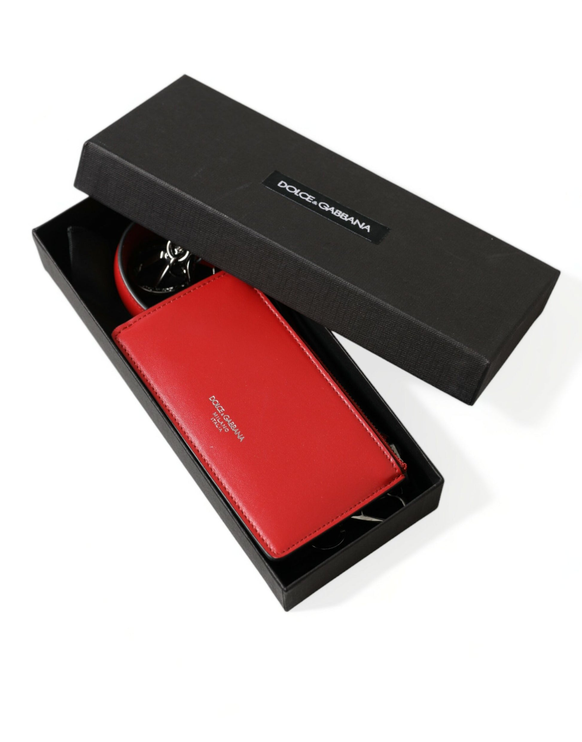 Dolce & Gabbana Red Leather Silver Metal Logo Strap Pouch Airpods Case - ClickThatClicks 