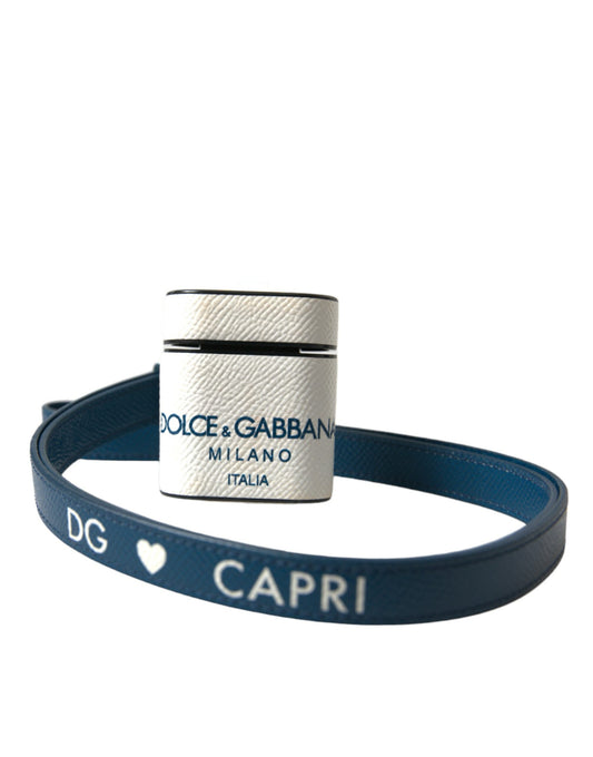 Dolce & Gabbana White Blue Calf Leather Logo Print Strap Airpods Case - ClickThatClicks 