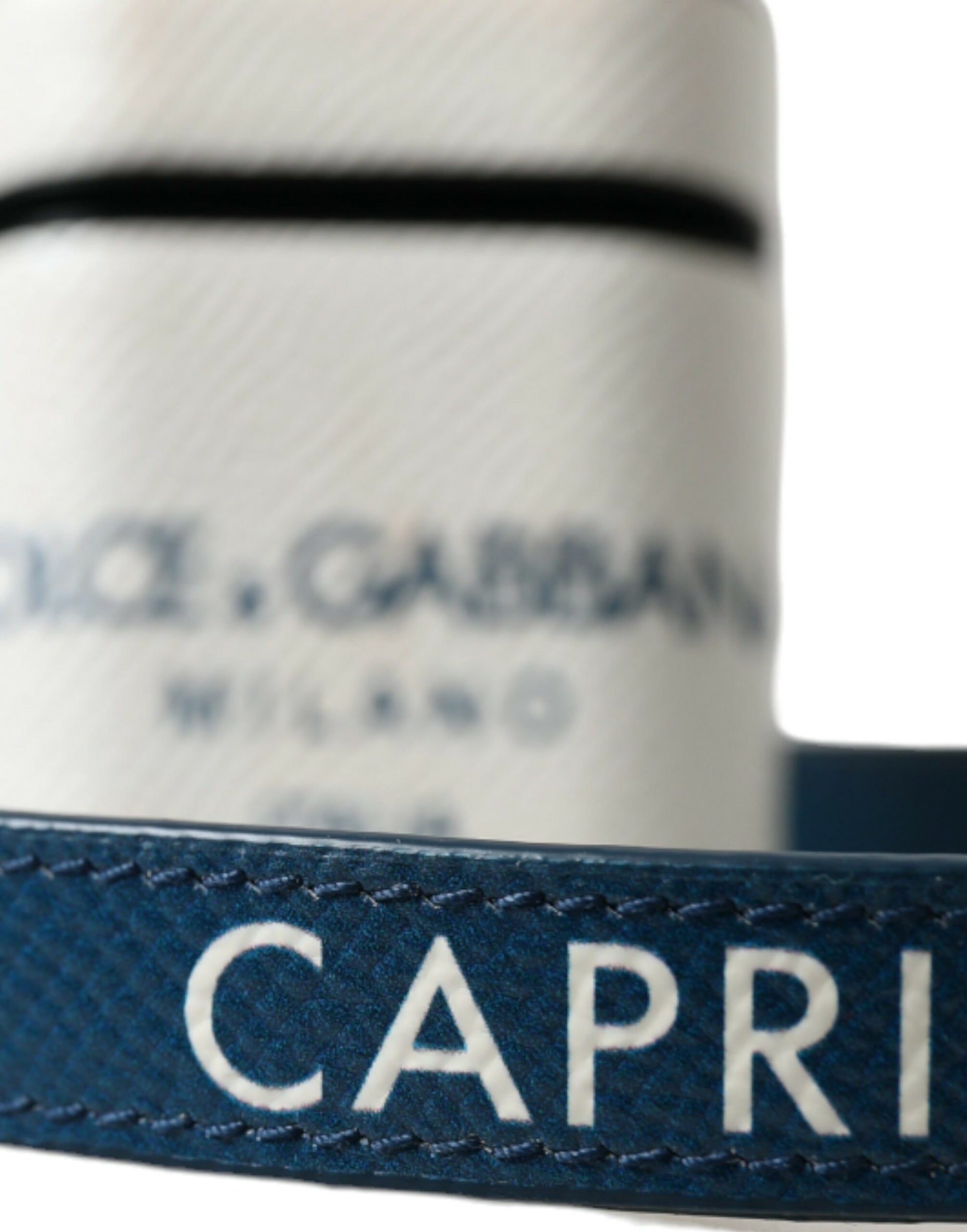 Dolce & Gabbana White Blue Calf Leather Logo Print Strap Airpods Case - ClickThatClicks 