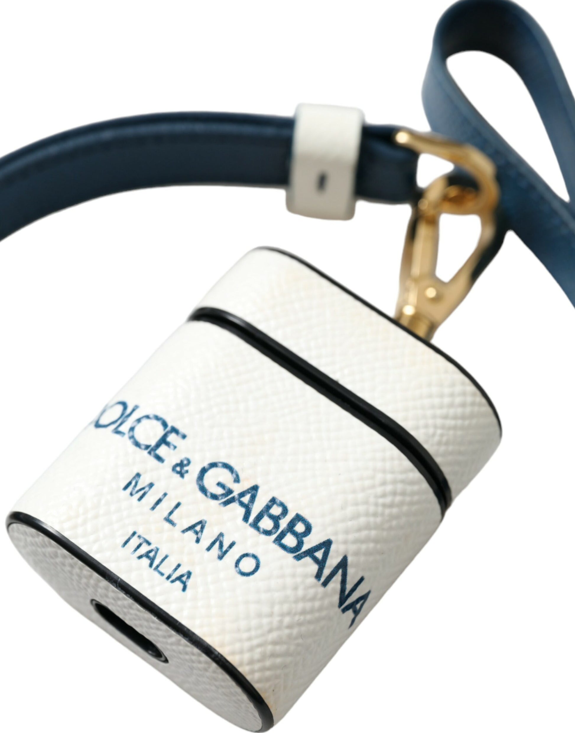 Dolce & Gabbana White Blue Calf Leather Logo Print Strap Airpods Case - ClickThatClicks 