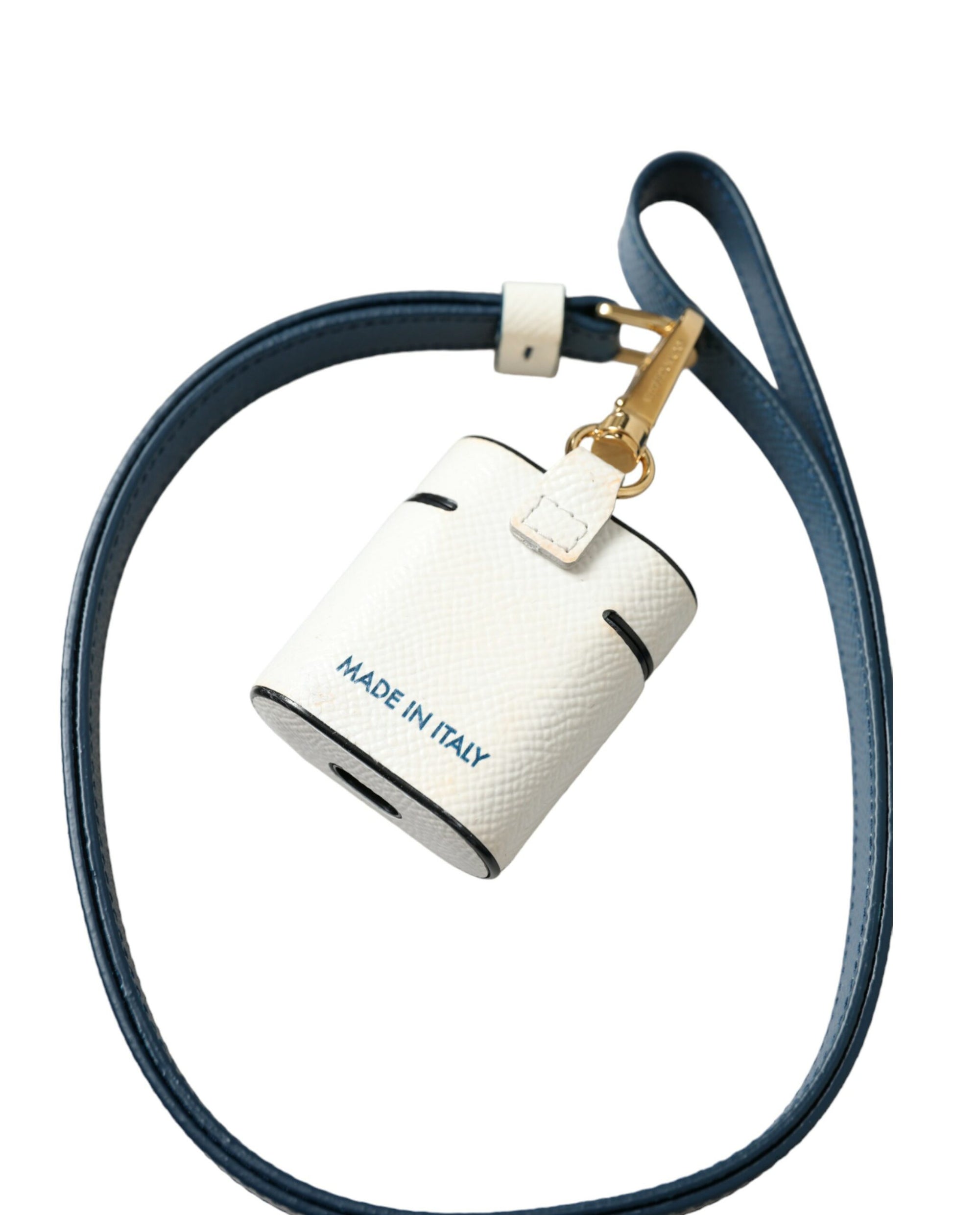 Dolce & Gabbana White Blue Calf Leather Logo Print Strap Airpods Case - ClickThatClicks 