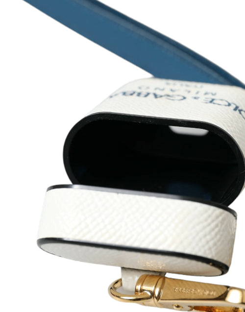 Dolce & Gabbana White Blue Calf Leather Logo Print Strap Airpods Case - ClickThatClicks 