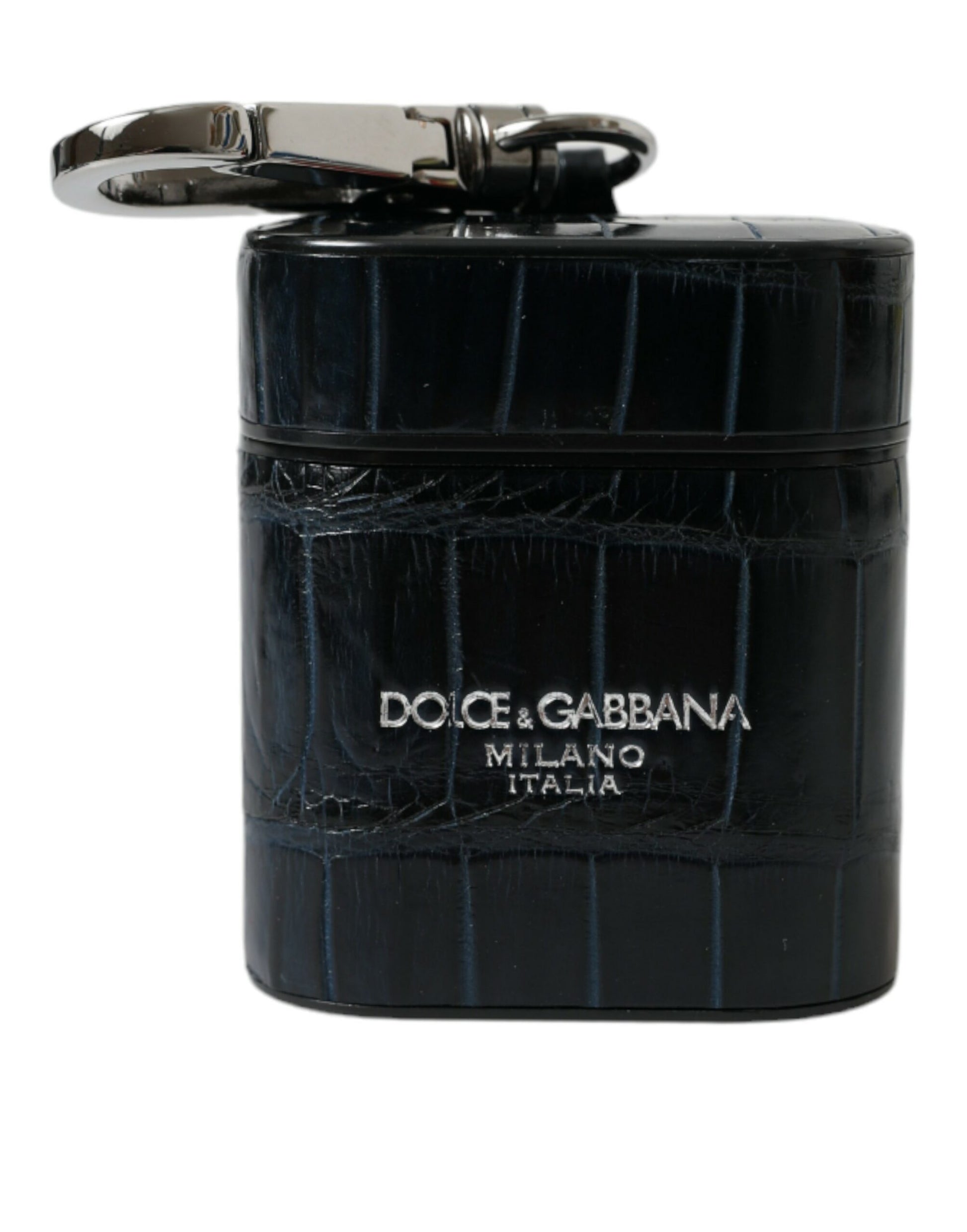 Dolce & Gabbana Black Crocodile Leather Silver Metal Logo Airpods Case - ClickThatClicks 