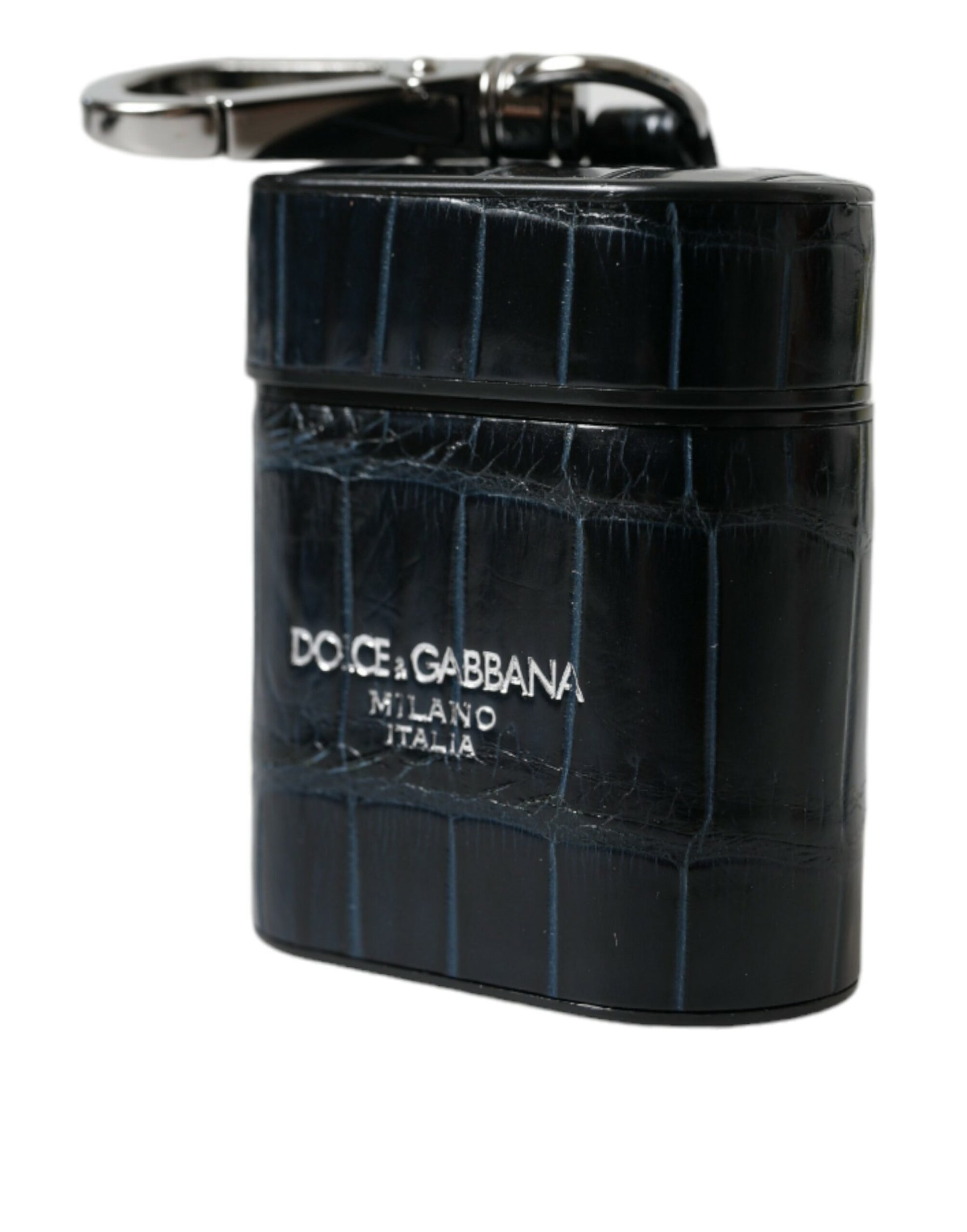 Dolce & Gabbana Black Crocodile Leather Silver Metal Logo Airpods Case - ClickThatClicks 